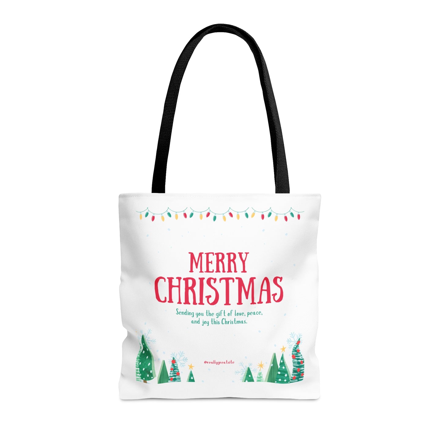 Tote Bag – “MERRY CHRISTMAS” with Lights, Tree Row & Holiday Message – Gift for Festive Errands & Seasonal Cheer