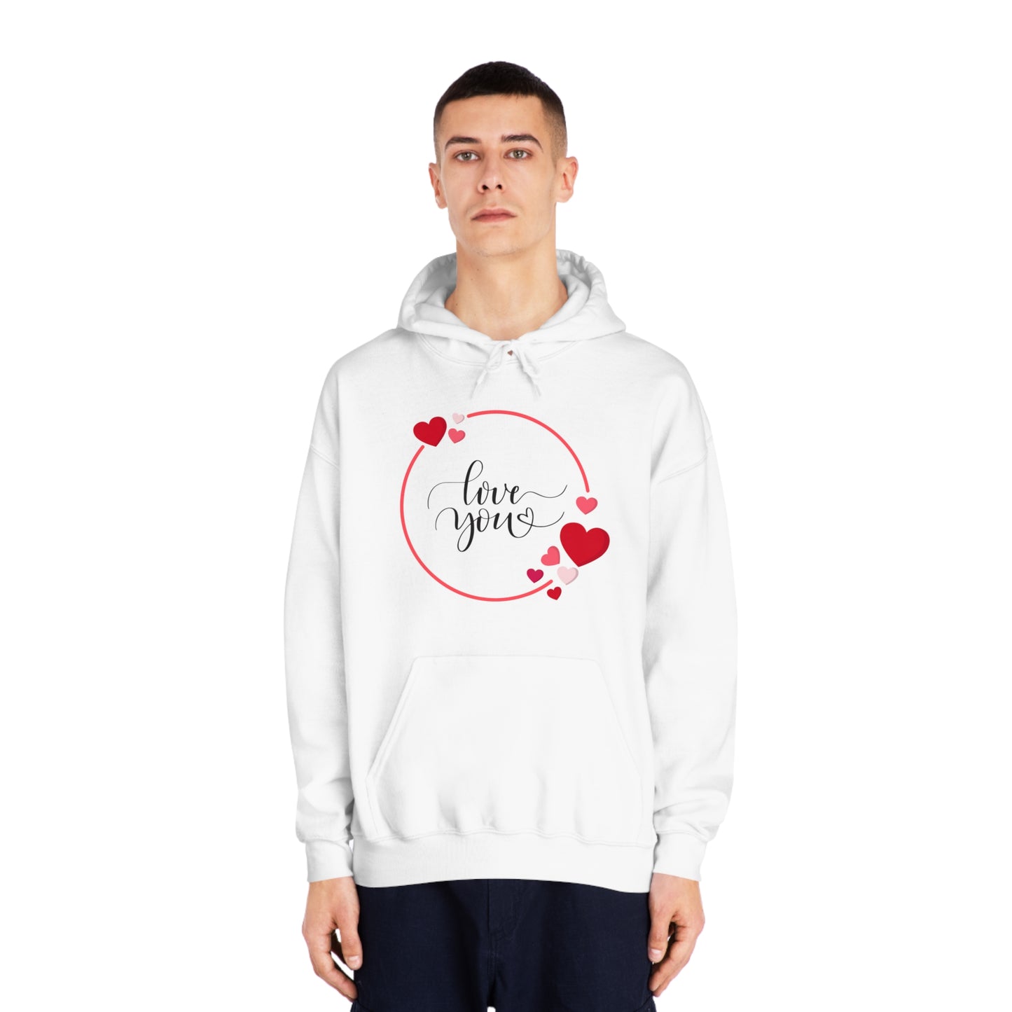 Love You with Hearts Printed Unisex DryBlend® Hooded Sweatshirt, White & Red