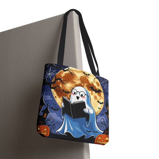 Halloween Tote Bag - Spooky Ghost Reading Book Design