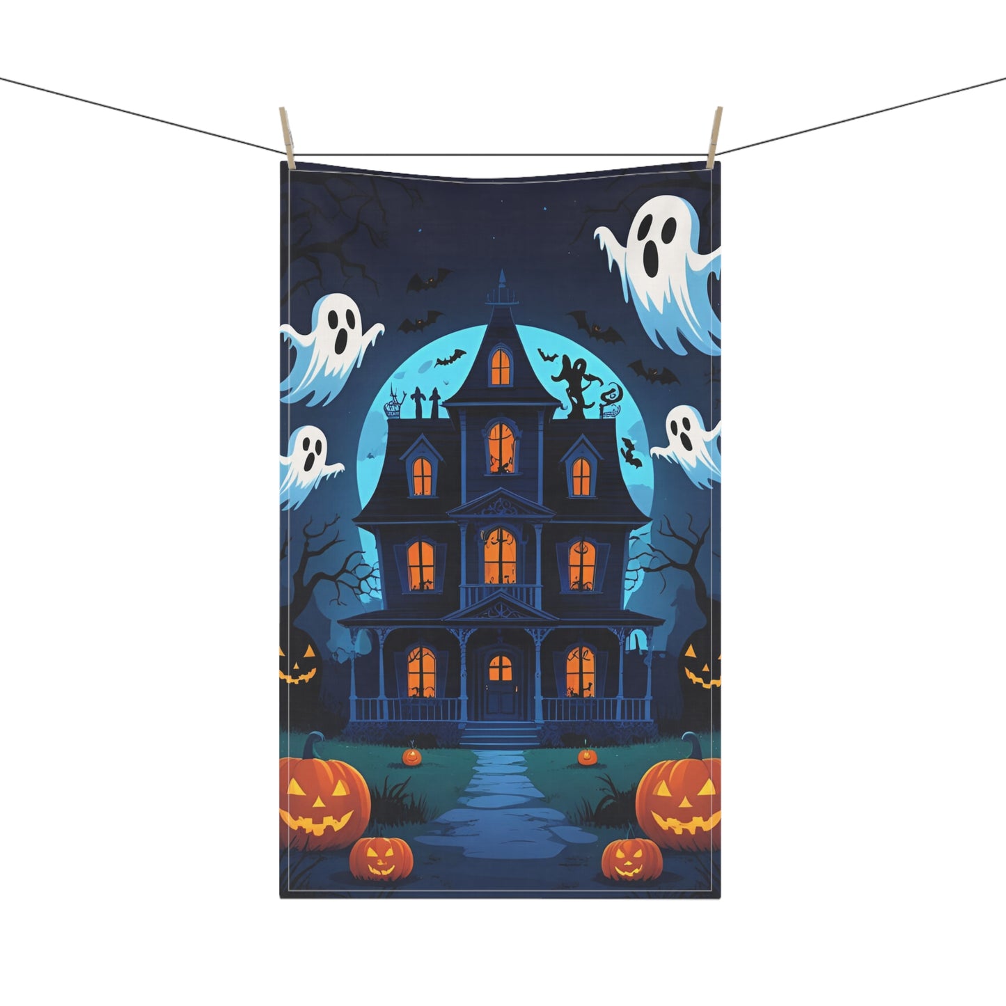 Victorian Haunted House Halloween Tea Towel – Spooky Jack-O’-Lantern and Ghosts Design