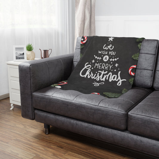 We Wish You Merry Christmas Printed Minky Blanket, Black