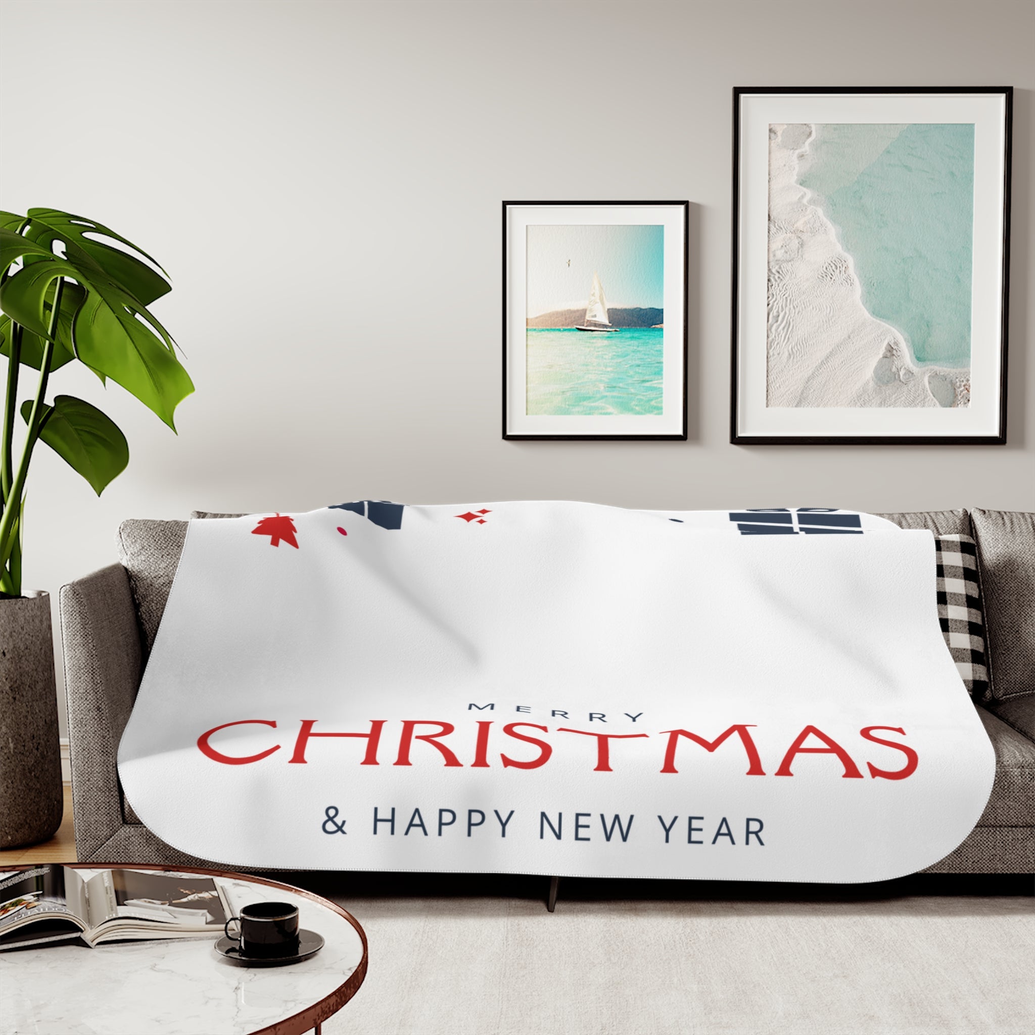 Merry Christmas & Happy New Year Printed Sherpa Blanket, White