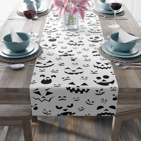 Pumpkin Face Pattern Table Runner – Minimal Black & White Halloween Decor