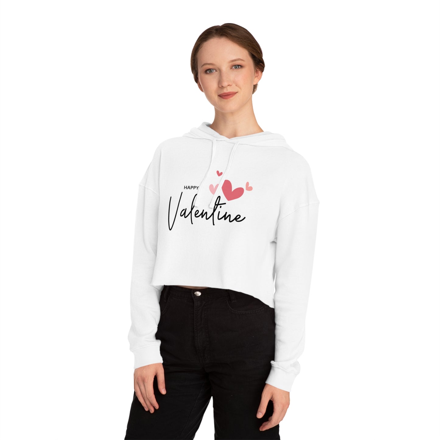 Valentine Sweatshirt for Her, Women’s Cropped Hooded Sweatshirt with Happy Valentine for Her, Valentine Gift
