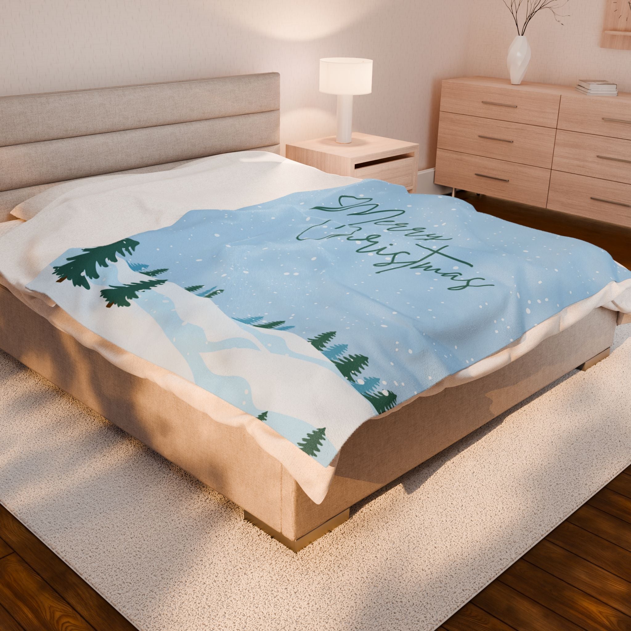 Merry Christmas Printed Velveteen Plush Blanket, Sky Blue