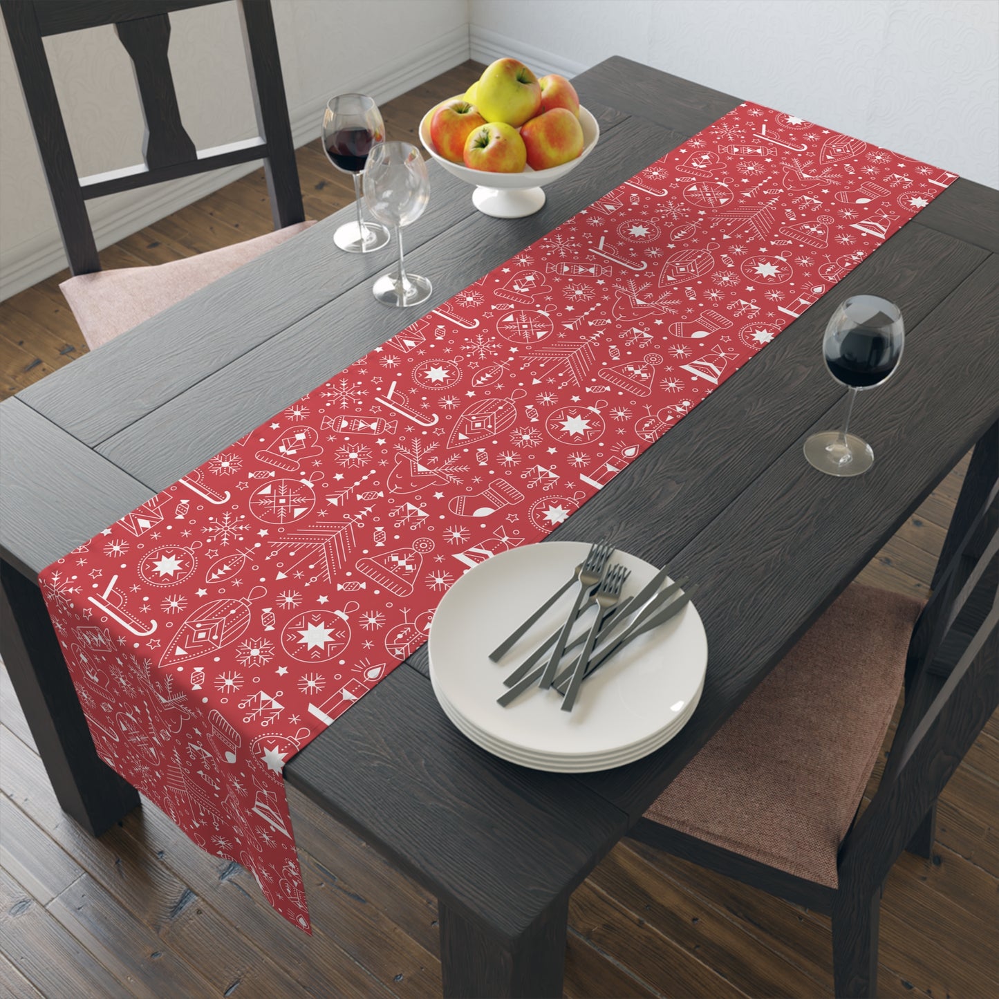 Christmas Table Runner, Red Background with White Ornaments Snowflakes Hearts and Sleighs, Festive Holiday Dining Decor