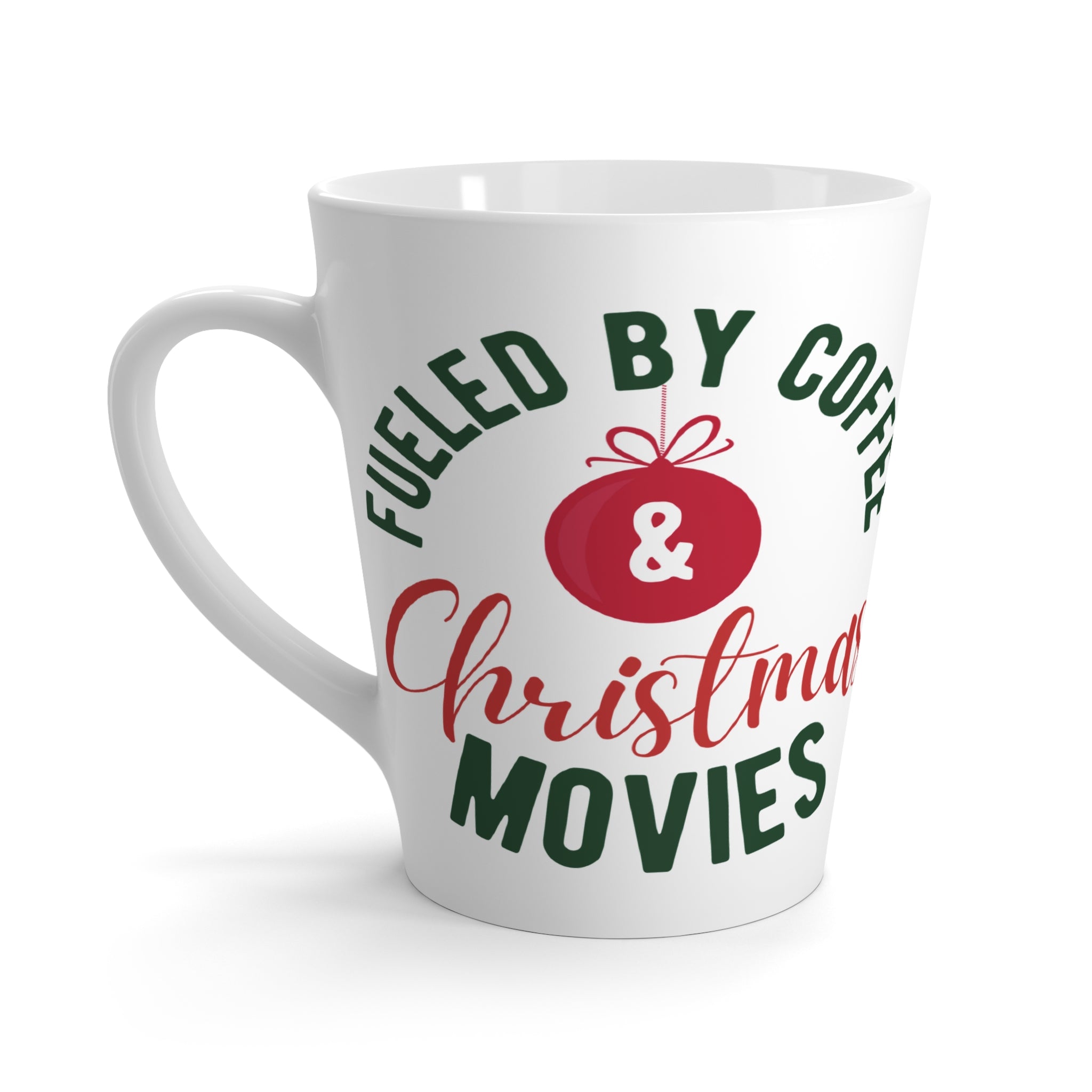 12oz Ceramic Latte Mug with “Fueled by Coffee & Christmas Movies” Design – Holiday Gift for Latte Lovers