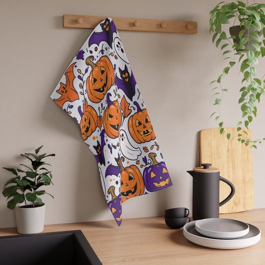 Smiling Jack-O’-Lantern Halloween Tea Towel – Ghosts, Bats, and Autumn Leaves