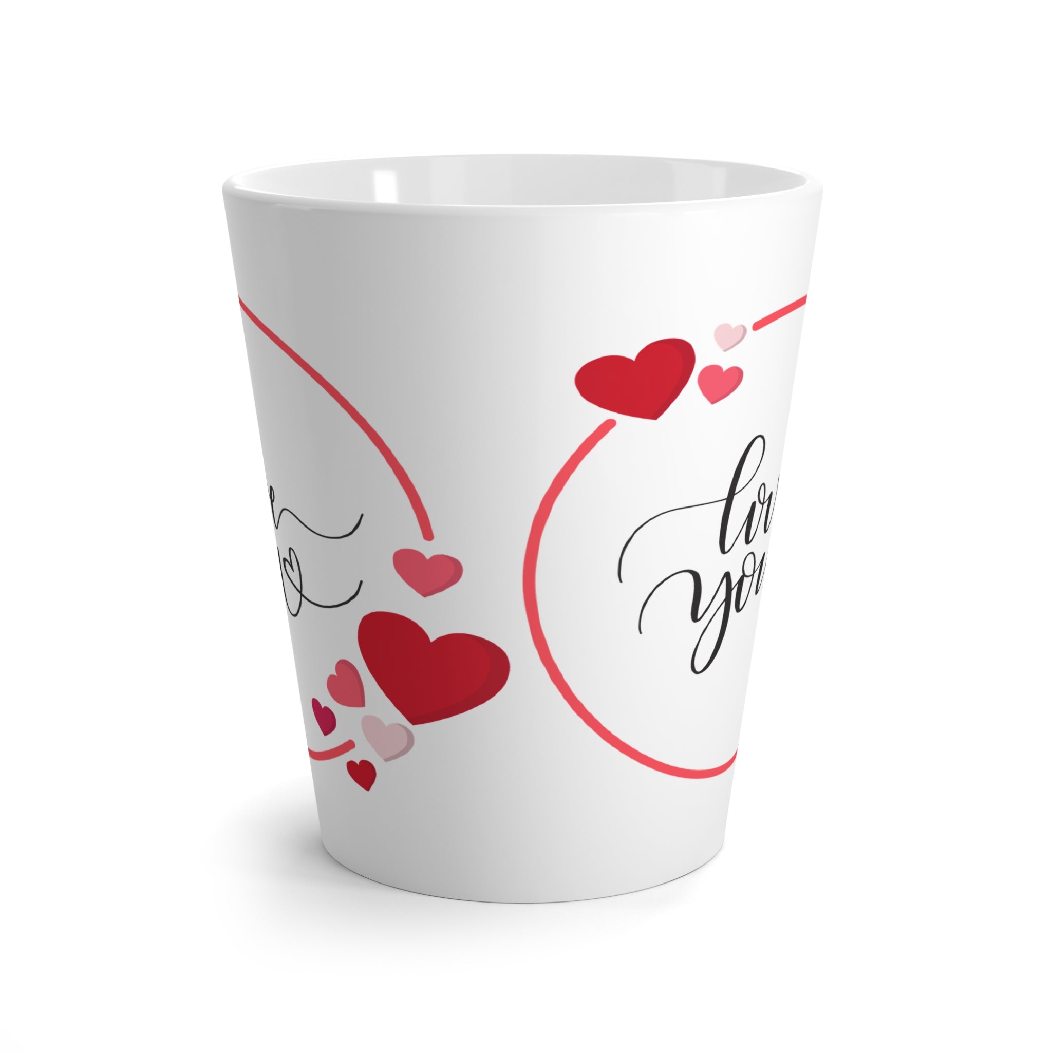 Ceramic Latte Mug – “Love You” Script with Red & Pink Hearts