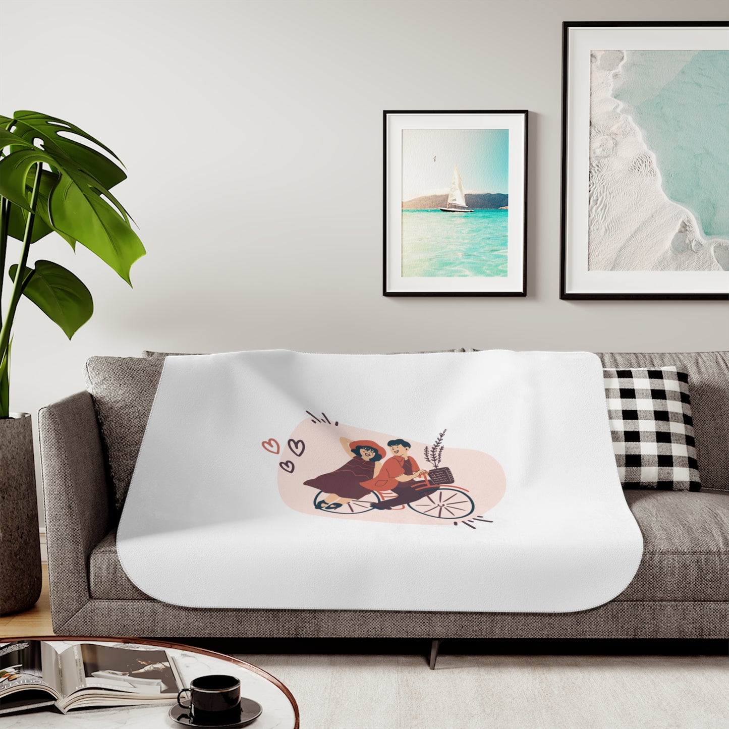 Couple on Cycle Printed Sherpa Blenket for Valentine Day