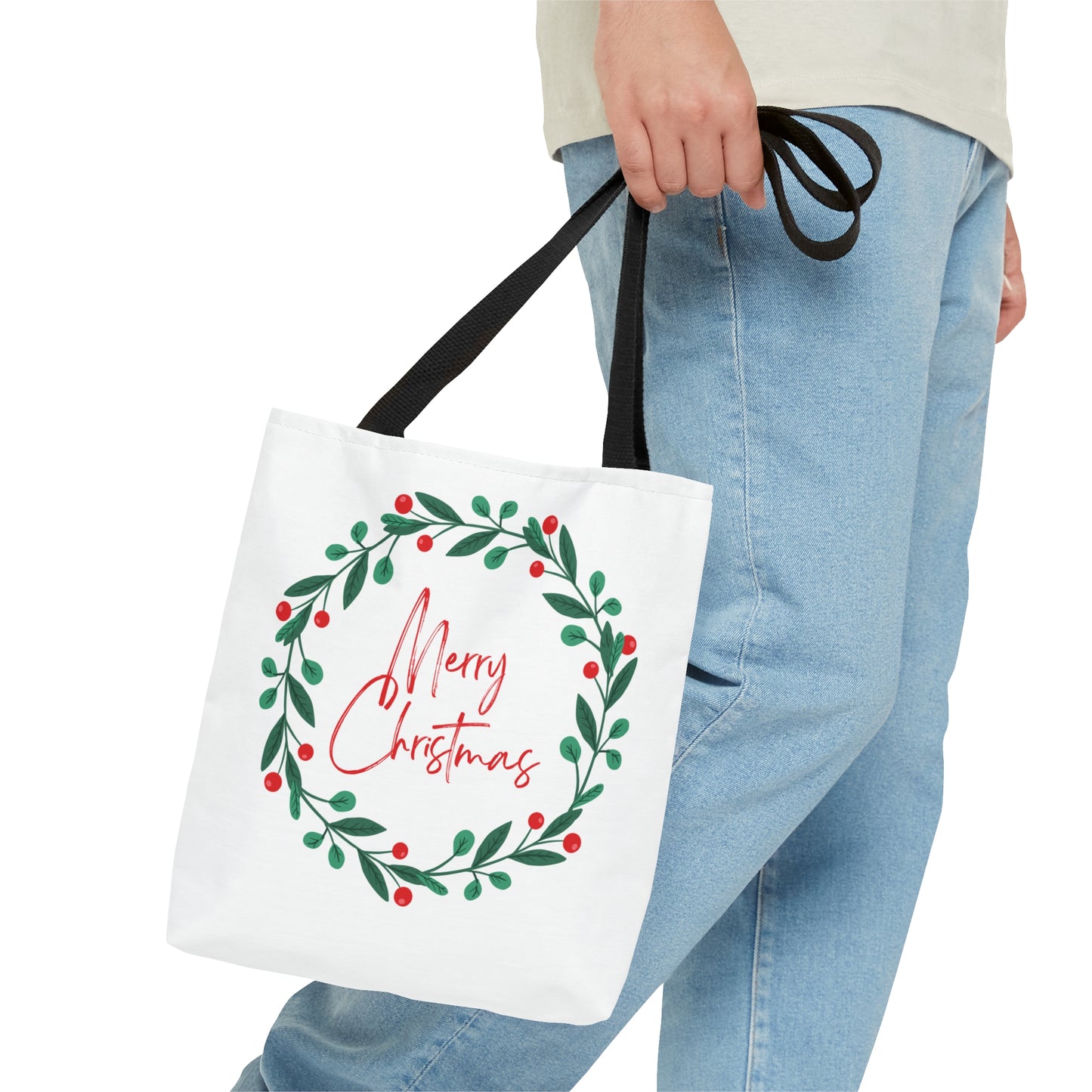 Christmas Tote Bag with “Merry Christmas” Wreath Design – Festive All-Over Print Carryall in 3 Sizes