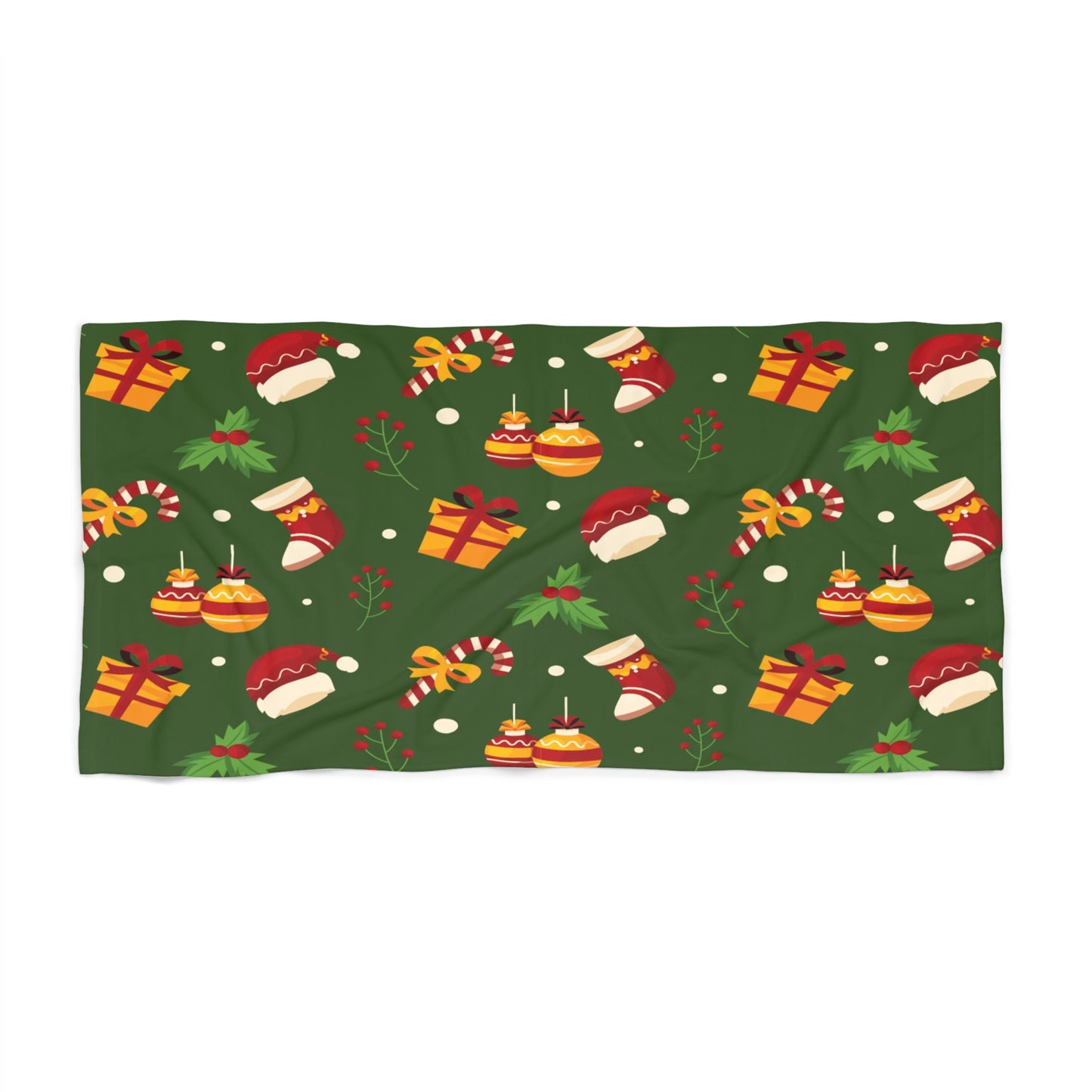 Christmas Beach Towel – Green with Holiday Icons – Festive Summer Gift
