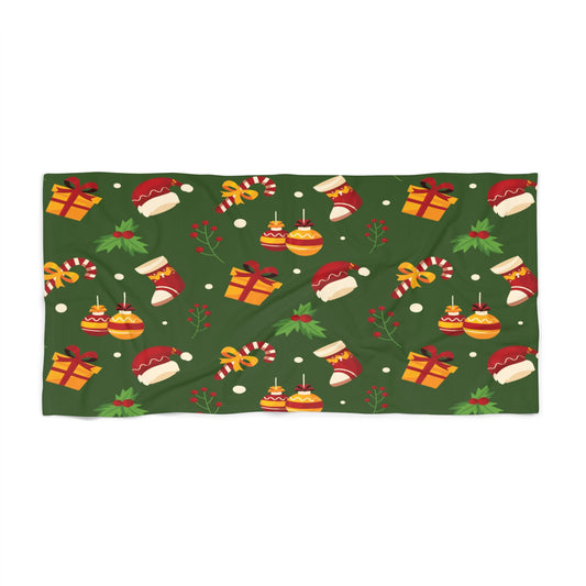 Christmas Beach Towel – Green with Holiday Icons – Festive Summer Gift