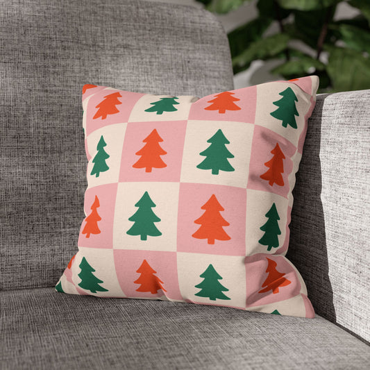Square Pillowcase - Christmas Tree Checkered Throw Pillow - Pink & White Holiday Cushion