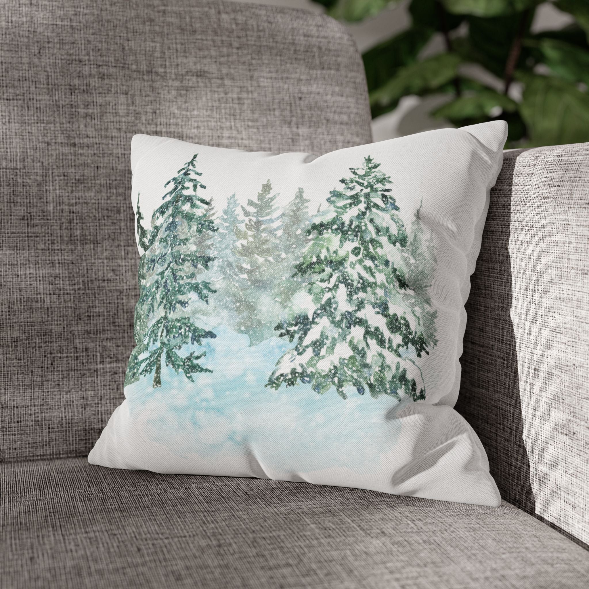 Winter House & Forest Pillow Cover – Double-Sided Snowy Evergreen Holiday Decor
