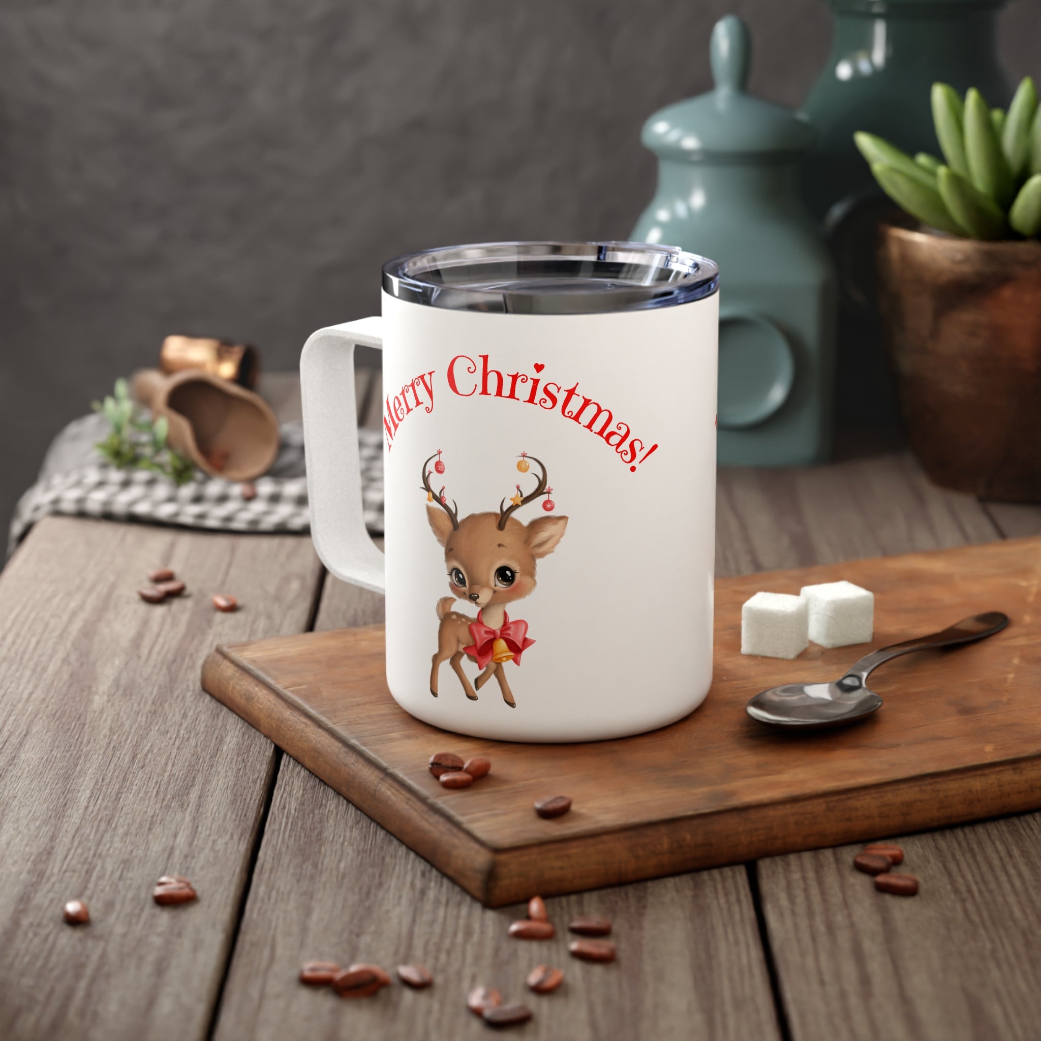 10oz Christmas Travel Mug with Cute Reindeer & “Merry Christmas” Text – Stainless Steel Holiday Gift for Coffee Lovers
