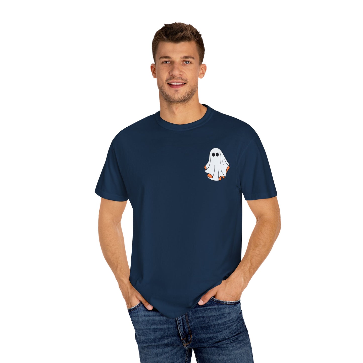 Minimal Ghost Halloween T-Shirt – Cute Pocket Graphic Tee for Spooky Season
