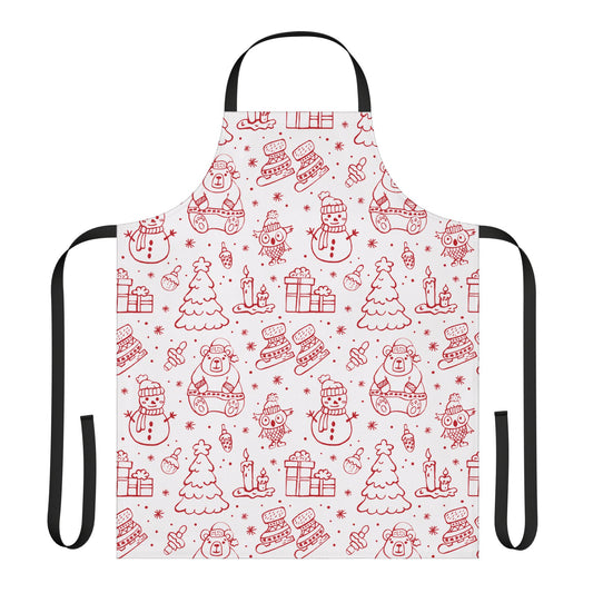 Festive Christmas Apron with Red Holiday Illustrations and Adjustable Straps