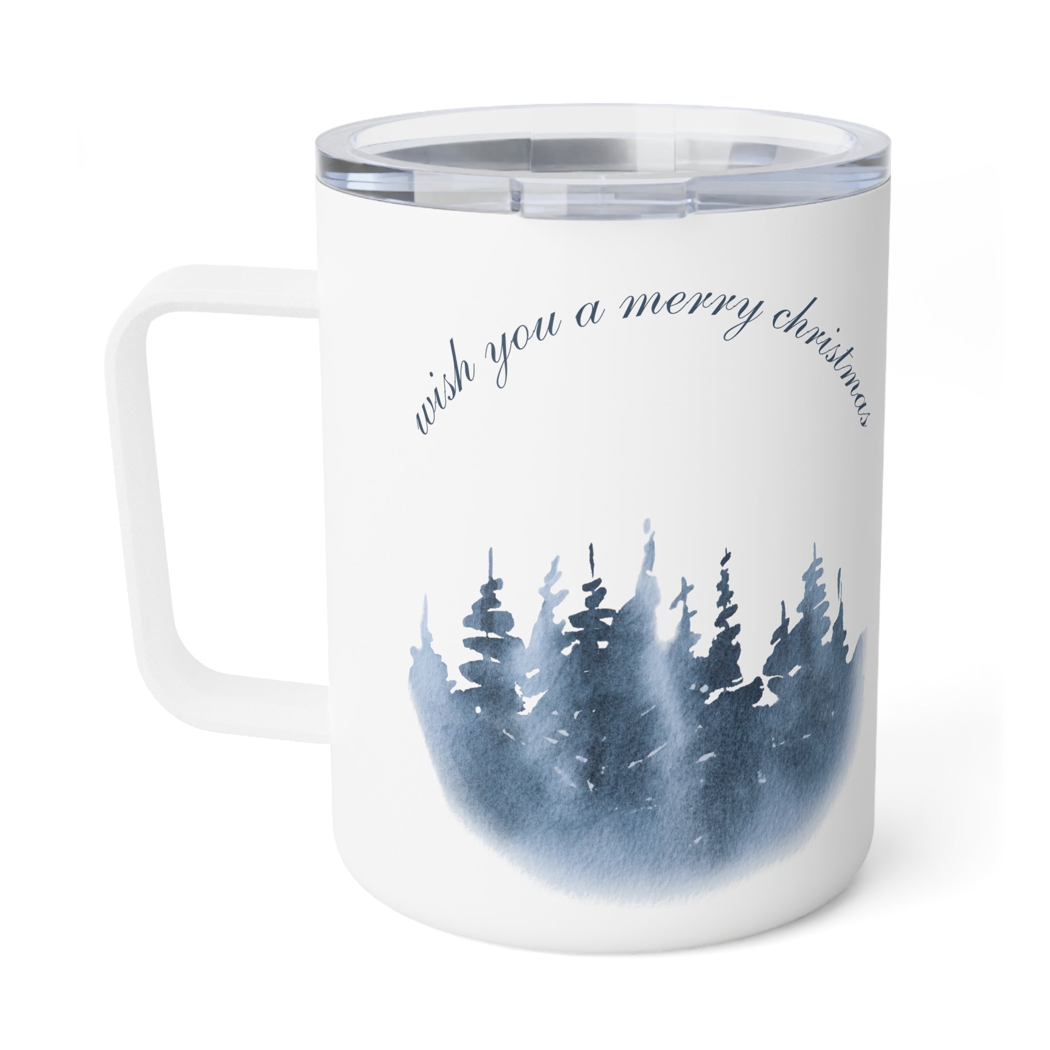 10oz Insulated Travel Mug – “Wish You a Merry Christmas” with Blue Pine Tree Silhouettes, Stainless Steel