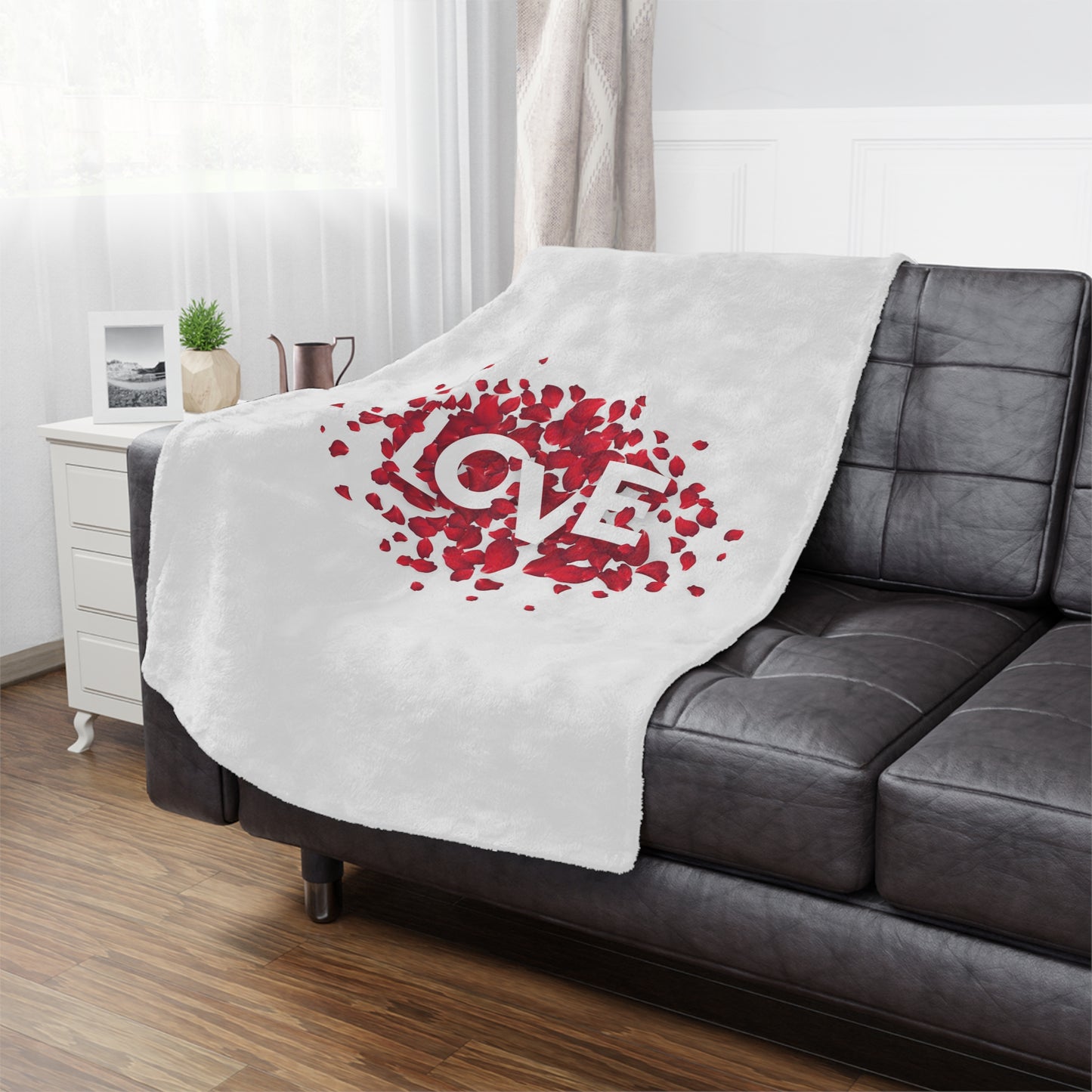 Love with Heart made of Flower Printed Valentine Minky Blanket, White & Red