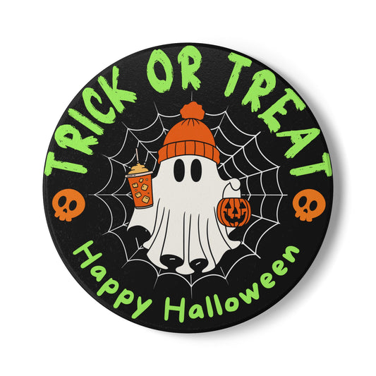 Trick or Treat Ceramic Coaster – Cute Ghost with Pumpkin and Drinks
