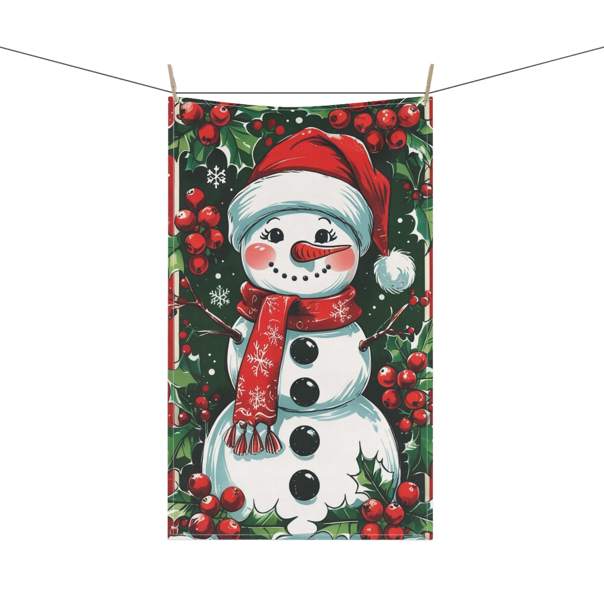 Cheerful Christmas Tea Towel with Snowman and Holly Design