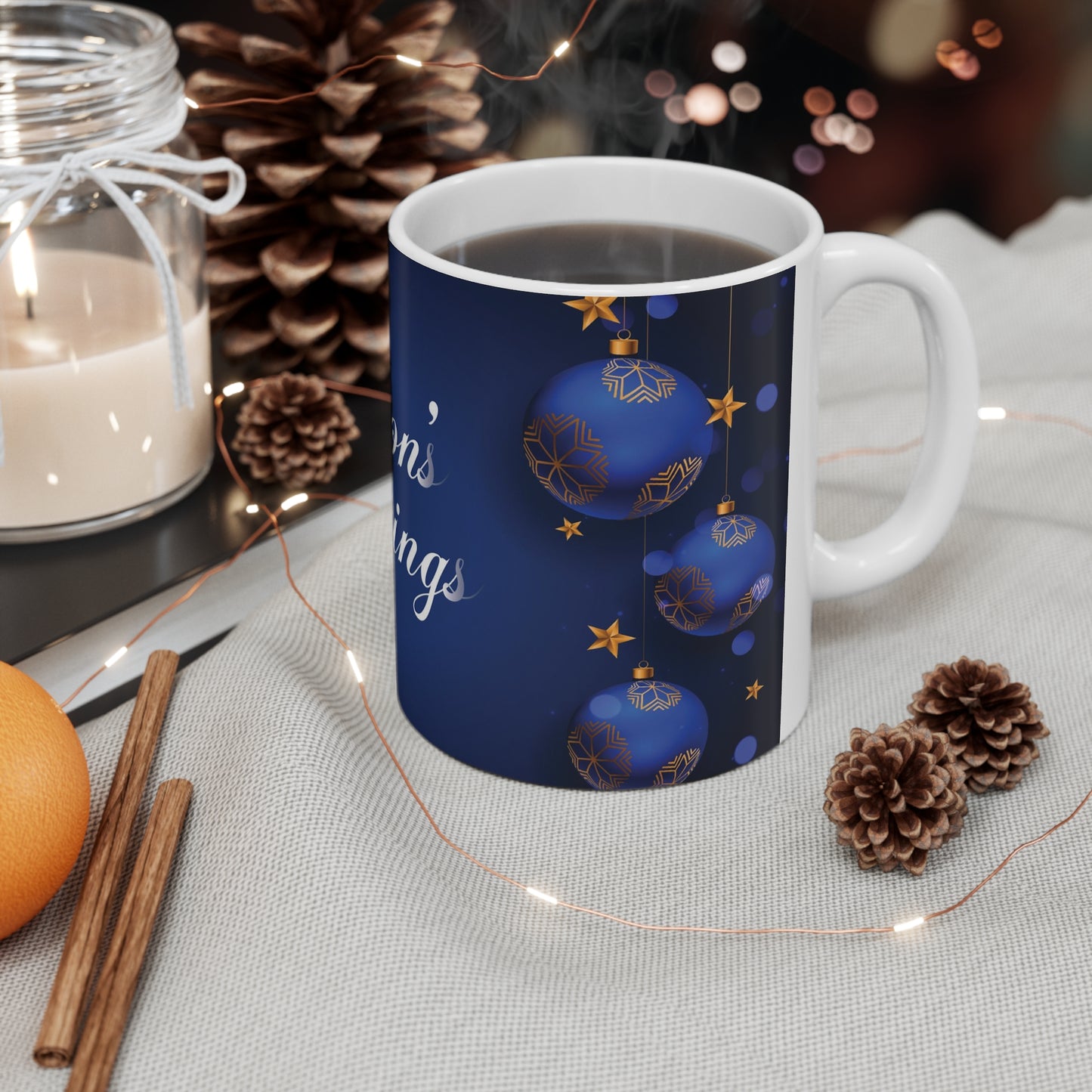 Holiday Ceramic Mug 11oz, Seasons' Greetings, Blue