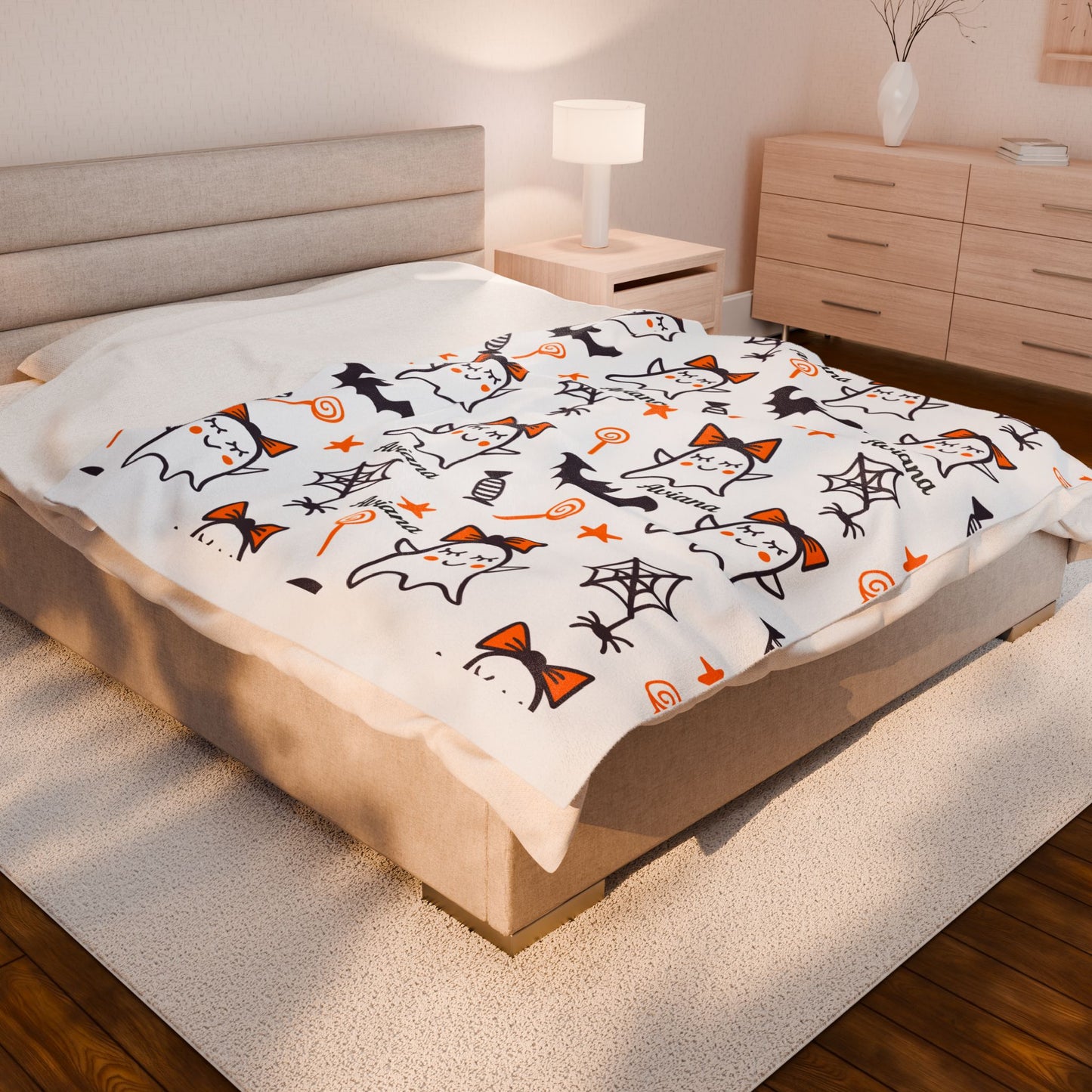 Halloween Ghost Plush Blanket – Cozy Velveteen Throw with Ghost, Bats & Candy