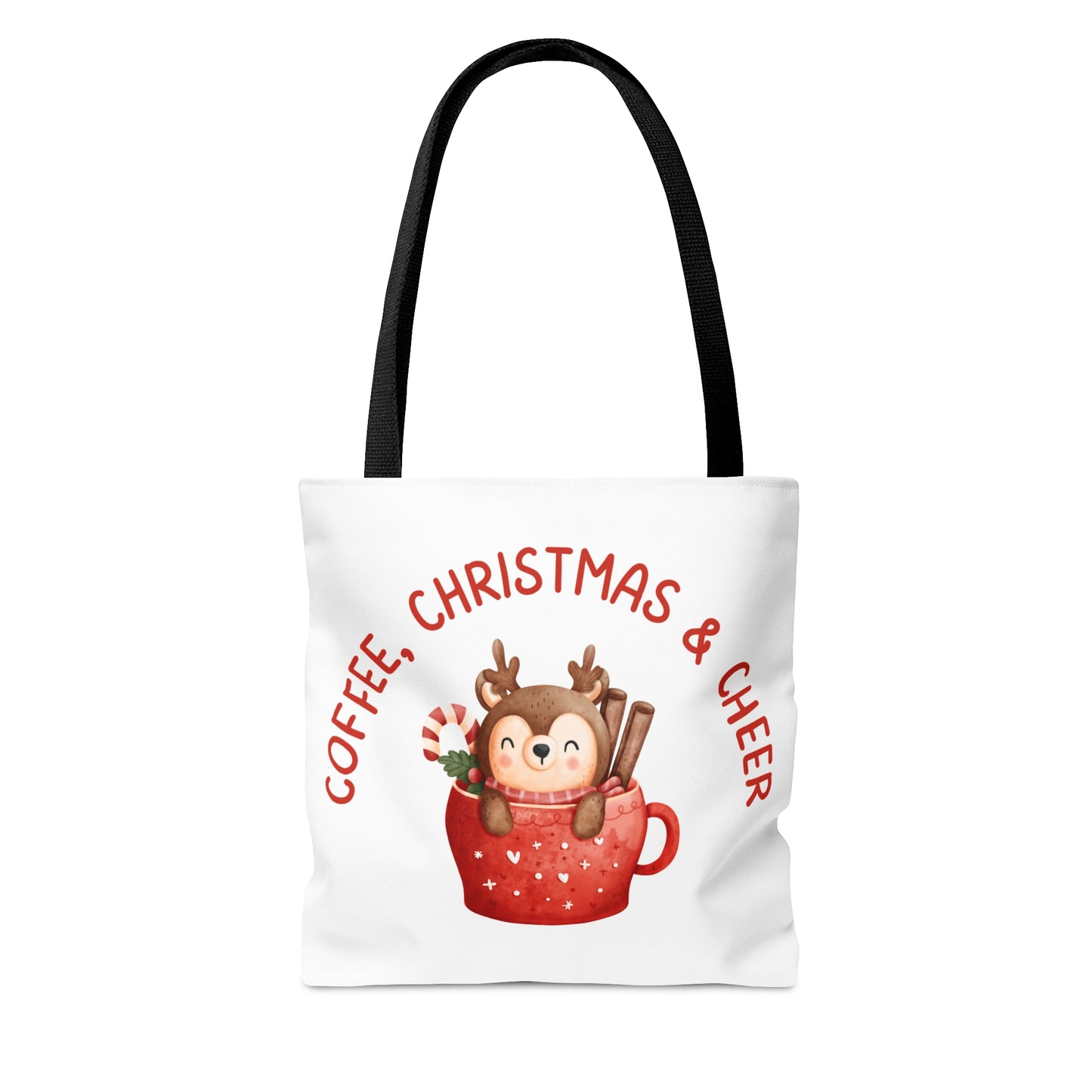 Tote Bag – COFFEE, CHRISTMAS & CHEER Reindeer Design – Gift for Holiday Shoppers, Winter Coffee Lovers