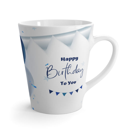 Happy Birthday Latte Mug – Blue Balloon & Banner Design, Ceramic Coffee Cup Gift