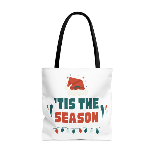 Christmas Tote Bag with “‘TIS THE SEASON” Santa Hat Design – Durable All-Over Print Holiday Carryall in 3 Sizes
