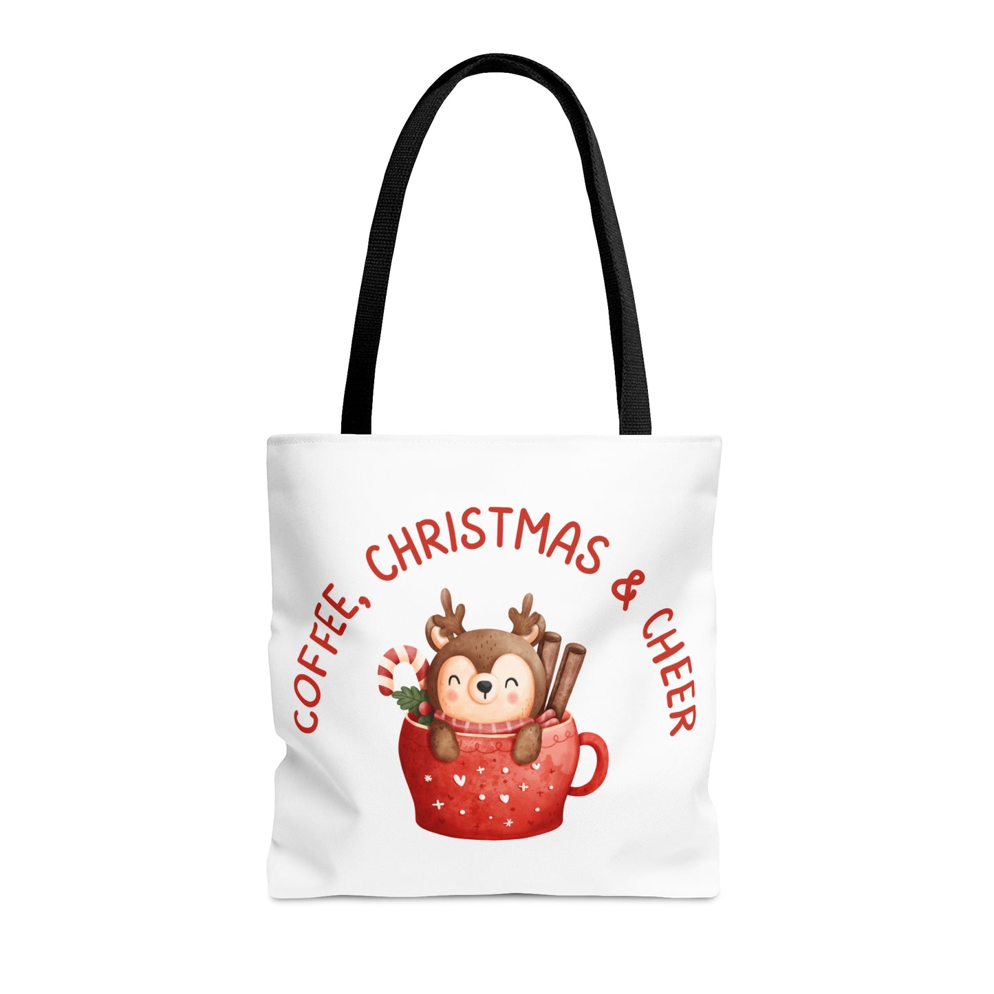 Tote Bag – COFFEE, CHRISTMAS & CHEER Reindeer Design – Gift for Holiday Shoppers, Winter Coffee Lovers