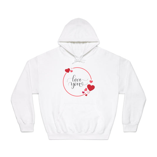 Love You with Hearts Printed Unisex DryBlend® Hooded Sweatshirt, White & Red