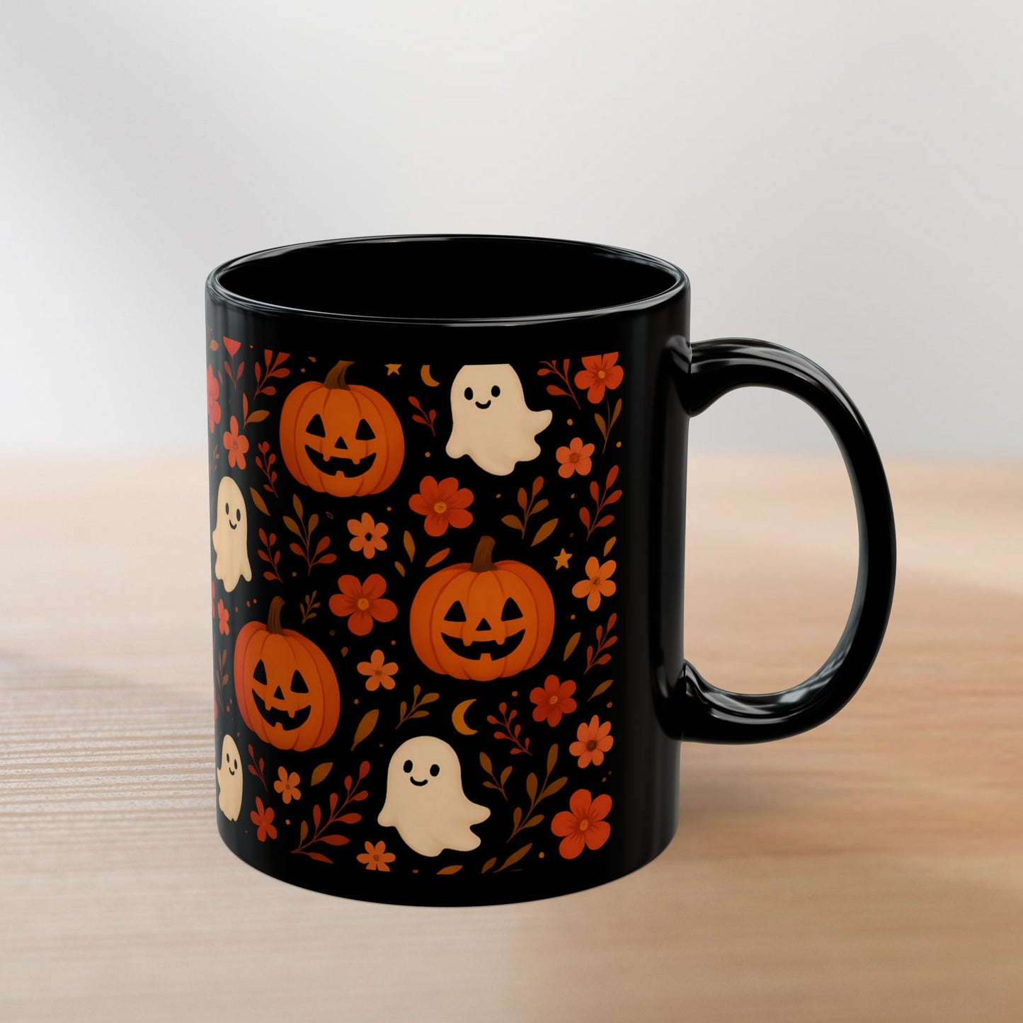 Cute Ghosts Halloween Coffee Mug – Black Ceramic Cup with Festive Design