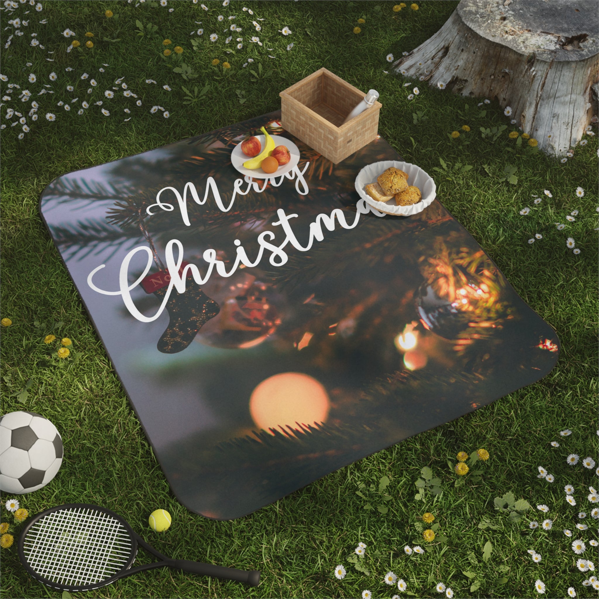 Merry Christmas with Ornaments Printed Picnic Blanket
