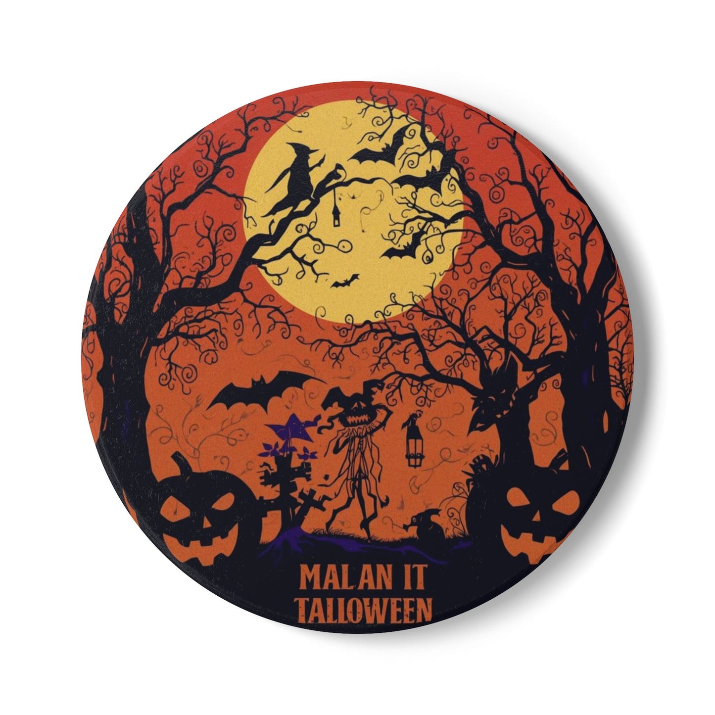 Spooky Halloween Ceramic Coaster with Witch and Scarecrow Design