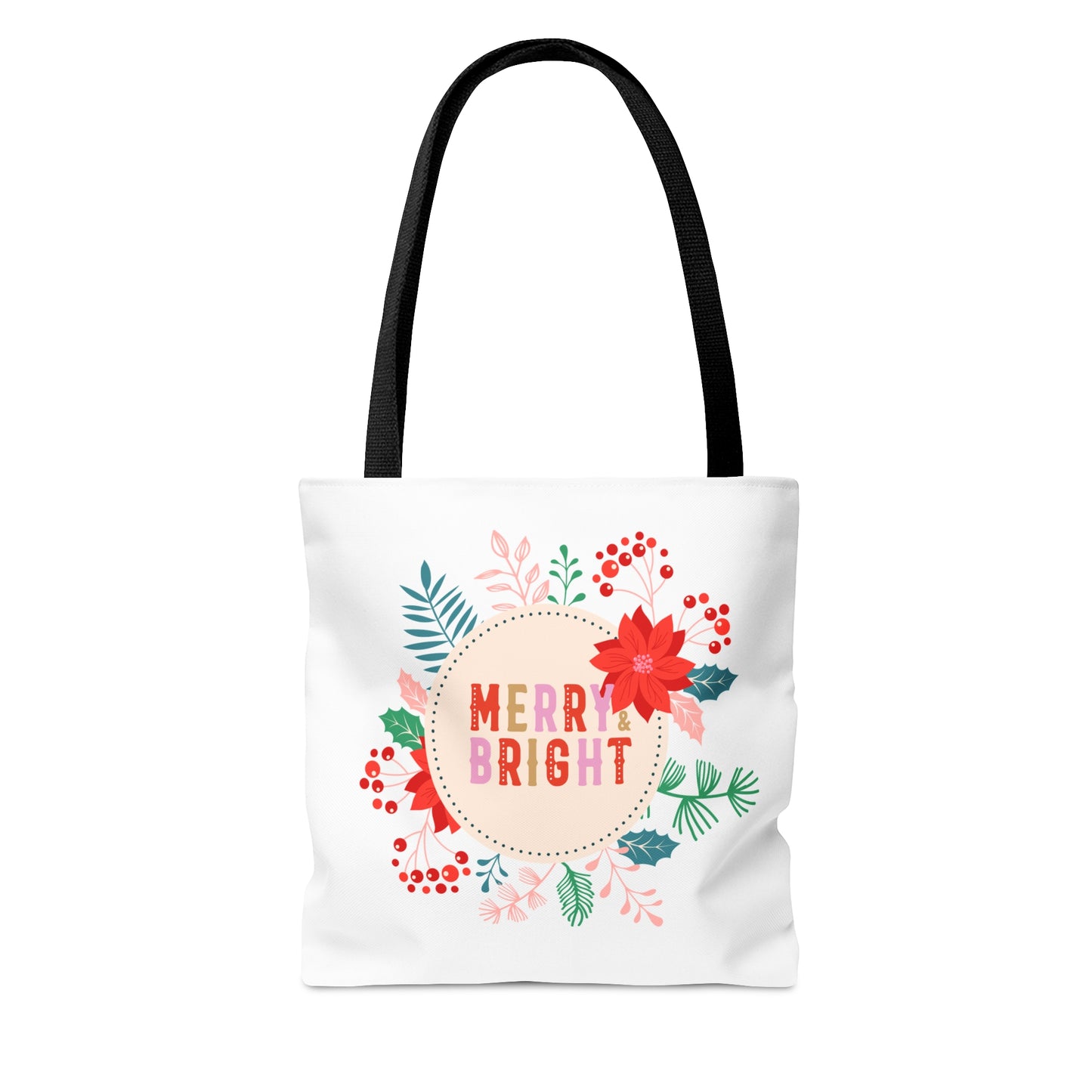 Tote Bag – MERRY & BRIGHT Floral Design – Gift for Christmas, Holiday Shopping, Winter Outings