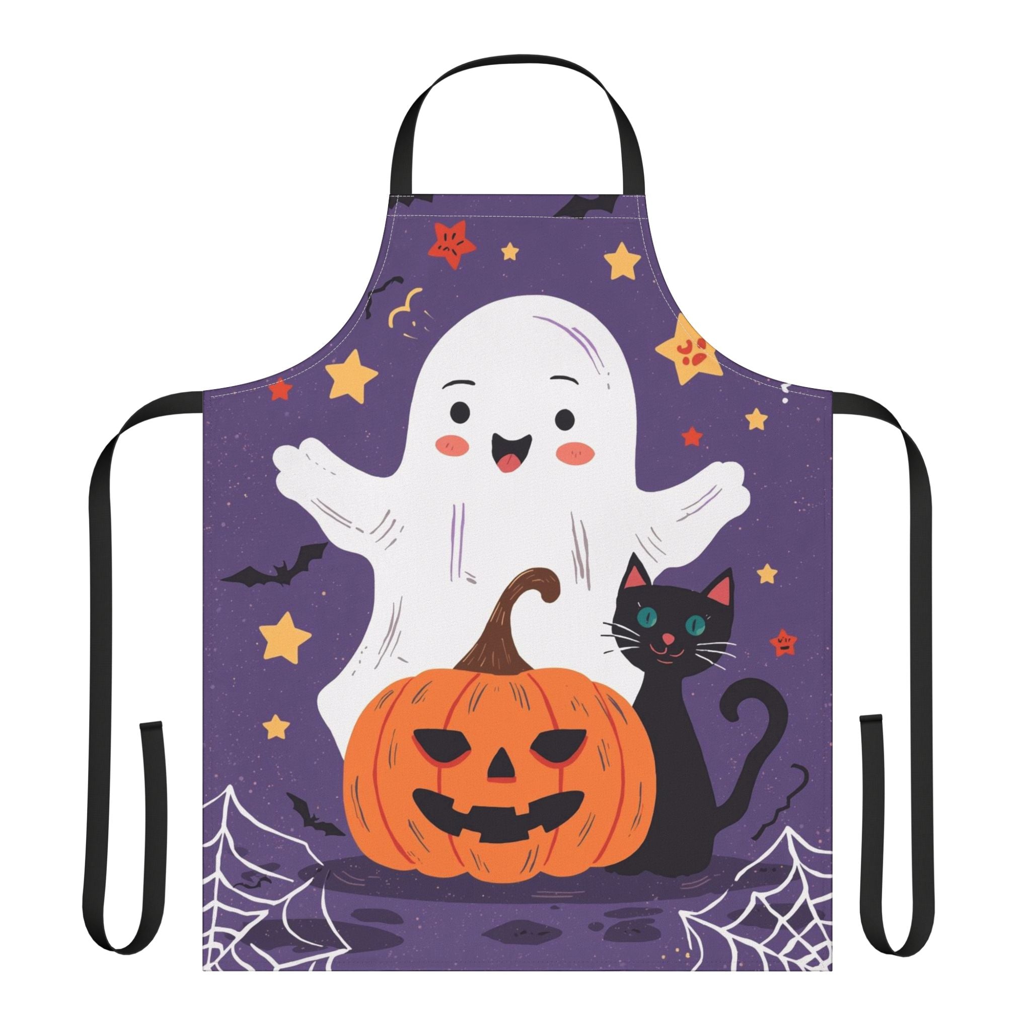 Halloween Ghost & Pumpkin Apron – Playful Purple Kitchen Decor with Black Cat