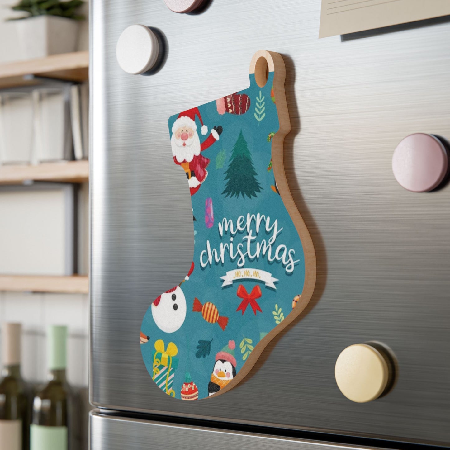Wooden Ornament – Blue Christmas Stocking with Santa, Snowman & Penguin – Magnetic Holiday Decor with Ribbon