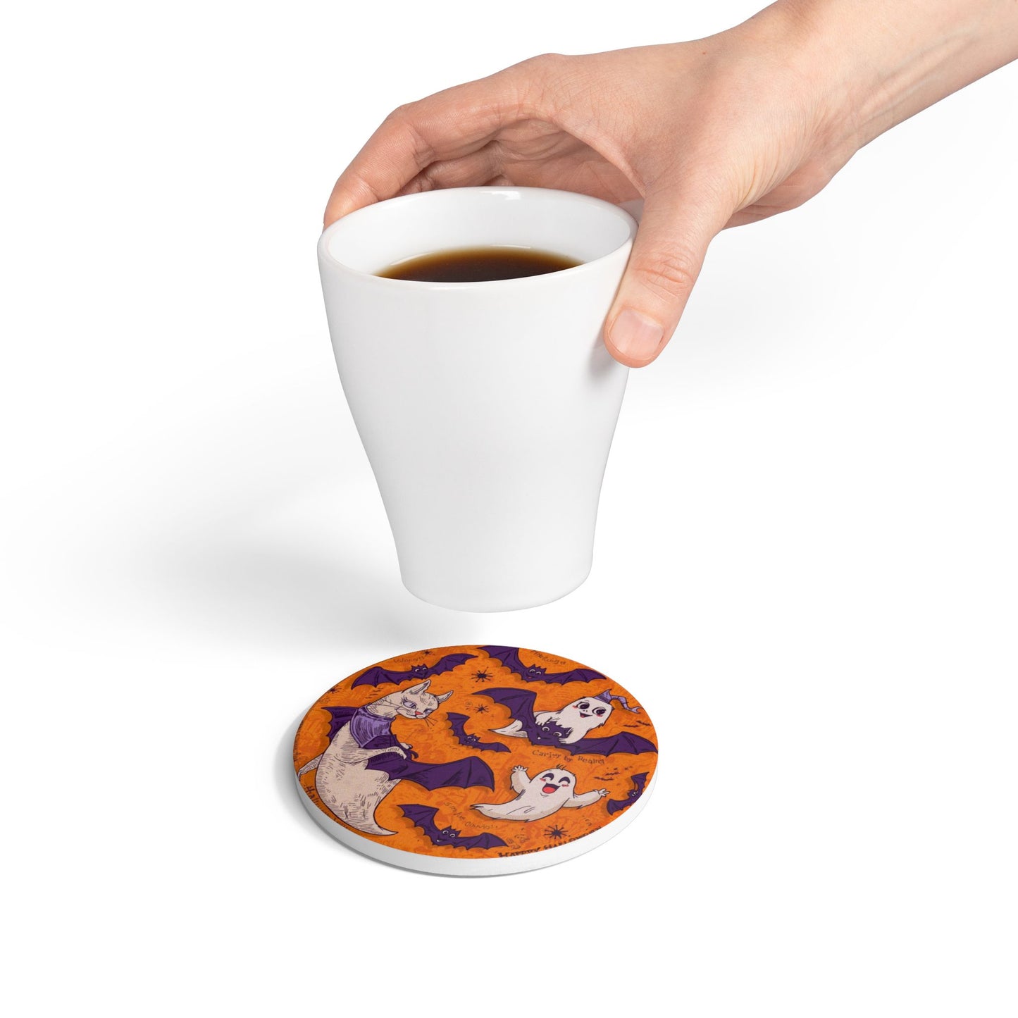 Halloween Ceramic Coaster with Cat, Ghosts, Bats, and Fun Cartoon Design